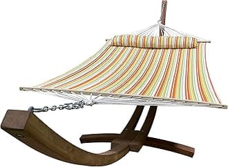 14 Ft. Wooden Arc Hammock Stand + Deluxe Quilted Double Padded Hammock Bed w/Pillow. 2 Person Bed. 450 LB Capacity(Teak Stain/Spring Stripe)