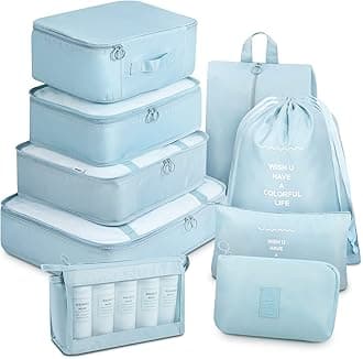 Mossio 9 Set Packing Cubes with Shoe Bag & Electronics Bag - Luggage Organizers Suitcase Travel Accessories, Sky Blue, L