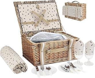 Willow Picnic Basket Set for 2 Persons with Large Insulated Cooler Bag and Waterproof Picnic Blanket, Wicker Picnic Hamper for Camping,Outdoor,Birthday
