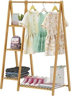 Bamboo Small Clothes Rack,Kids Clothing Rack, Mini Wooden Garment Rack with Shelves, Short toddler Dress Up Costume Racks for Hanging Cloth,Free Standing,Narrow