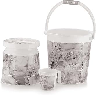 Liza-3 pcs Bathroom Accessories Set Plastic Bath Set Bathroom Bucket 20Ltr, Mug and Stool 3 Piece Combo Set for Home Bathroom Set (Orry 3 Grey/White R0450)