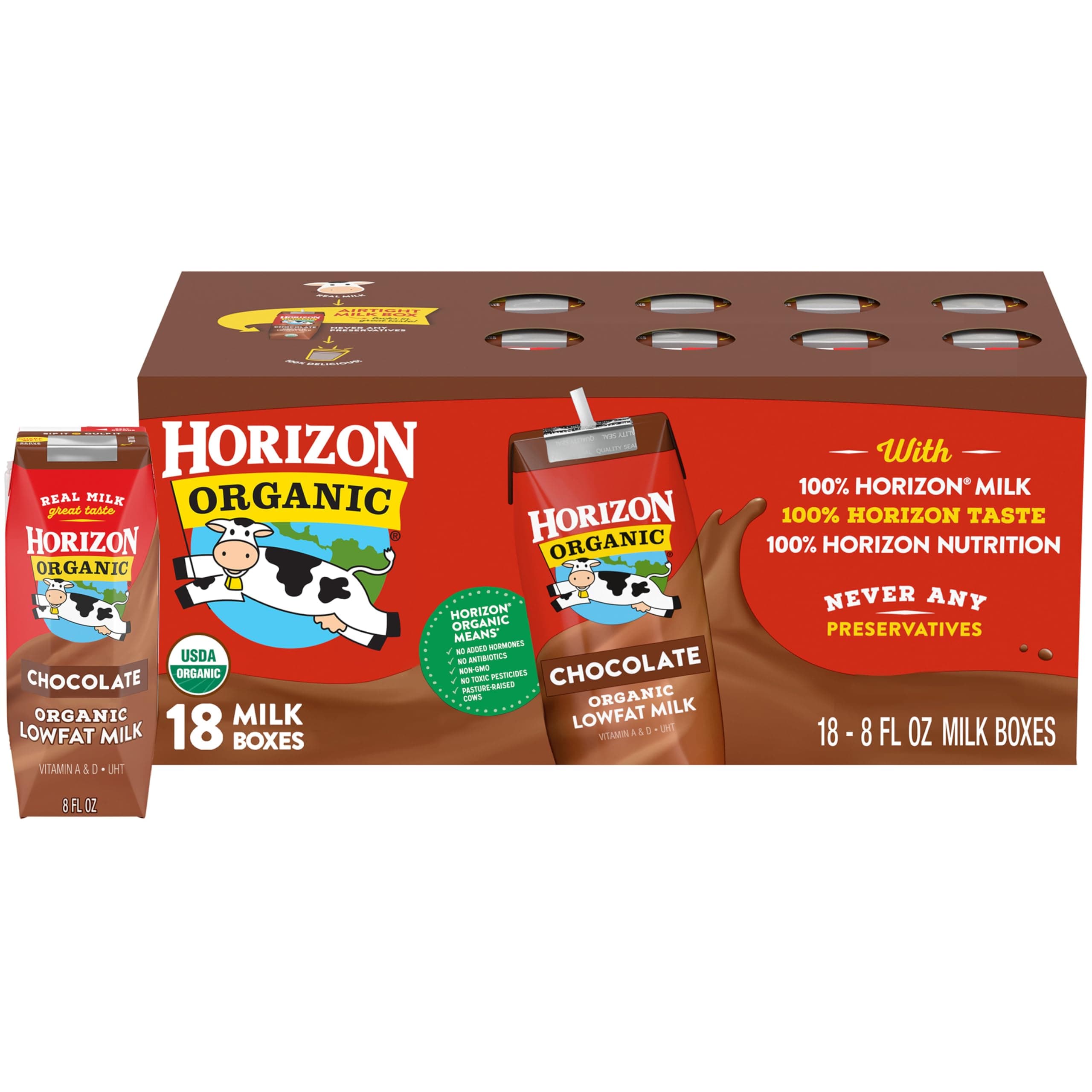 Shelf Stable 1% Lowfat Chocolate Milk Boxes, 8 fl oz, 18 Count - 8g Protein per Serving, USDA Organic, Ready to Drink for Lunchbox, Travel, or On-the-Go, No Refrigeration Needed