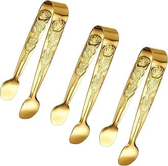 Sunenlyst 3PCS Mini Serving Tongs, 4Inch Rose Stainless Steel Sugar Cube Tongs, Sliver Small Ice Tongs for Tea and Coffee Party, Appetizers, Desserts (Gold)