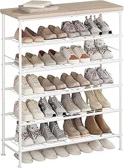 SUOERNUO Shoe Rack Organizer 6 Tier for Closet Entryway Free Standing Metal Storage Shoe Shelf with MDF Top Board，White+Oak