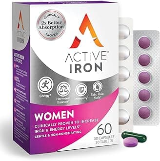 Active Iron Supplement 25mg + Multivitamin for Women, Clinically Proven to Increase Iron & Energy Levels, Maximum Absorption, Gentle, Non-Constipating, 30 Capsules + 30 Tablets in On-the-Go Foil Packs