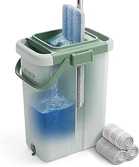 JOYMOOP Mop and Bucket with Wringer Set, Flat Squeeze Mop with Bucket (X-Large), Dust Mop for Wall Cleaner with Long Handle, Microfiber Mop - Green Bucket with 3 Reusable 15" Pads