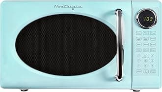 Retro Microwave Oven - 0.7 Cu Ft, 700-Watt Countertop Size with Glass Turntable, Child Safety Lock, 8 Auto-Cook Programs, Digital Clock - Aqua