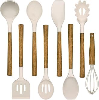 Silicone Cooking Utensil Set,Umite Chef 8-Piece Kitchen Utensils Set with Natural Acacia Wooden Handles, Silicone Kitchen Gadgets and Spatula Set for Nonstick Cookware - Khaki