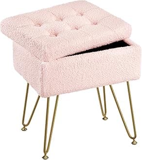 Seventable Vanity Stool Chair with Storage, Teddy Velvet Soft Ottoman, 4 Metal Legs with Anti-Slip Feet, Furry Padded Seat, Multifunctional Stool for Makeup, Footstool, Bedroom, Pink