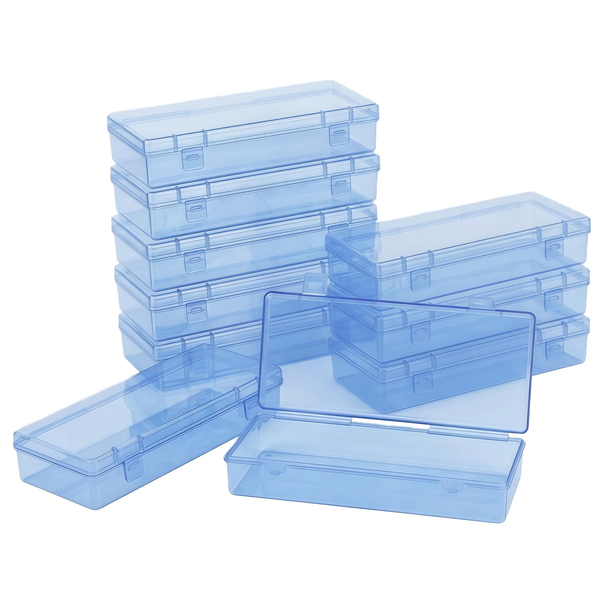 LJY 10 Pieces Rectangular Empty Mini Clear Plastic Organizer Storage Box Containers with Hinged Lids (6.1 x 2.6 x 1.2 inch, Blue)