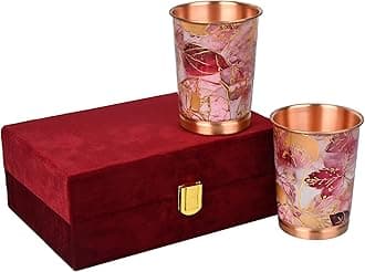 DI: Decorative India Copper Premium Pink Gold Leaf Design Set of Two Glass with Elegant Gift Box, 250 ML