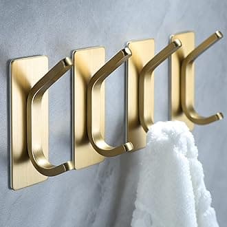 YIGII Towel Hooks/Adhesive Hooks - Brushed Gold Wall Hooks for Hanging Coat, Hat,Towel Robe Hook, Bathroom and Bedroom 4-Packs, Stainless Steel