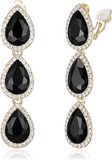 EleQueen Women's Austrian Crystal Teardrop Pear Shape 2.4 Inch Long Clip-on Dangle Earrings