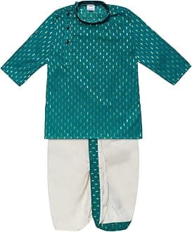 Superminis Boy's Cotton Kurta with Dhoti - Golden Thread Work, Side Button Kurta Set for Ethnic Wear