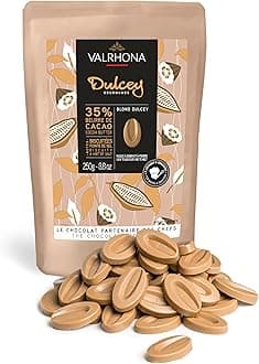 Valrhona Premium French Baking Blonde Chocolate Discs (Feves). DULCEY 35% Cacao. Creamy, Caramel Cookie Flavor Notes. Easy Melt & Tempering. Creamy, Balanced, For Luscious Frostings. 250g (Pack of 1)