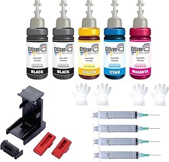 Refill Kit with Suction Tool Combo Pack of High Yield Inkjet Cartridge Ink Refill Compatible for HP and Canon Cartridge Printers - 100ml Per Bottle (5 Bottles Full Set)