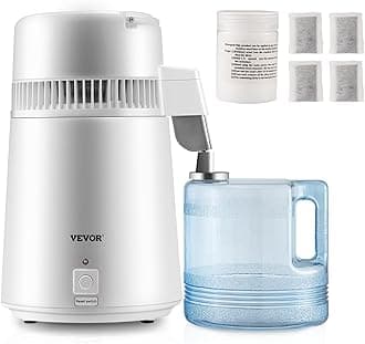 VEVOR1.1 Gal Water Distiller, 750W Distilled Water Machine, 4L Distilling Pure Water Machine w/Plastic Container, Water Distillation Kit w/Button, Countertop Distilled Water Maker for Home (White)