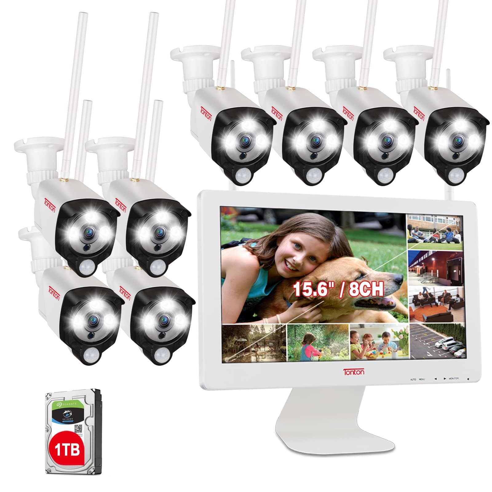 Tonton Wireless CCTV Camera System, 16" 8CH 5MP Security Surveillance System, (8) 3MP Outdoor IP Camera with PIR Motion Detection & Floodlight, Two-way Audio and Color Night Vision, 1TB HDD Included