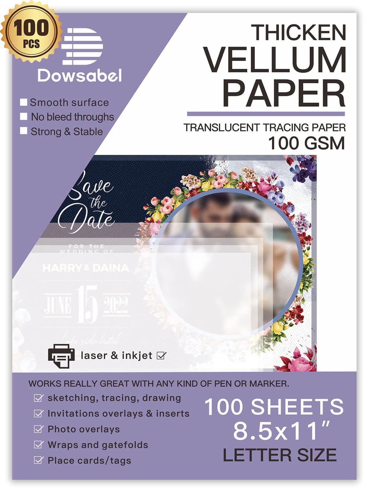 Dowsabel 100 Sheets Translucent Vellum Paper, 68LBS 8.5 x 11 inches Printable Vellums for Card Overlays, Invitations Belly Bands, Envelope, Lantern,100 Sheets