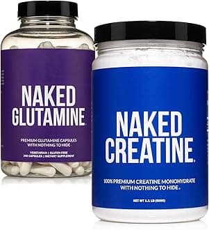NAKED Pure Micronized Creatine Monohydrate 100 Servings + Pure L-Glutamine 240 Capsules Bundle: Vegan, Non-GMO, Gluten Free. Minimize Muscle Breakdown & Improve Protein Synthesis. Nothing Artificial