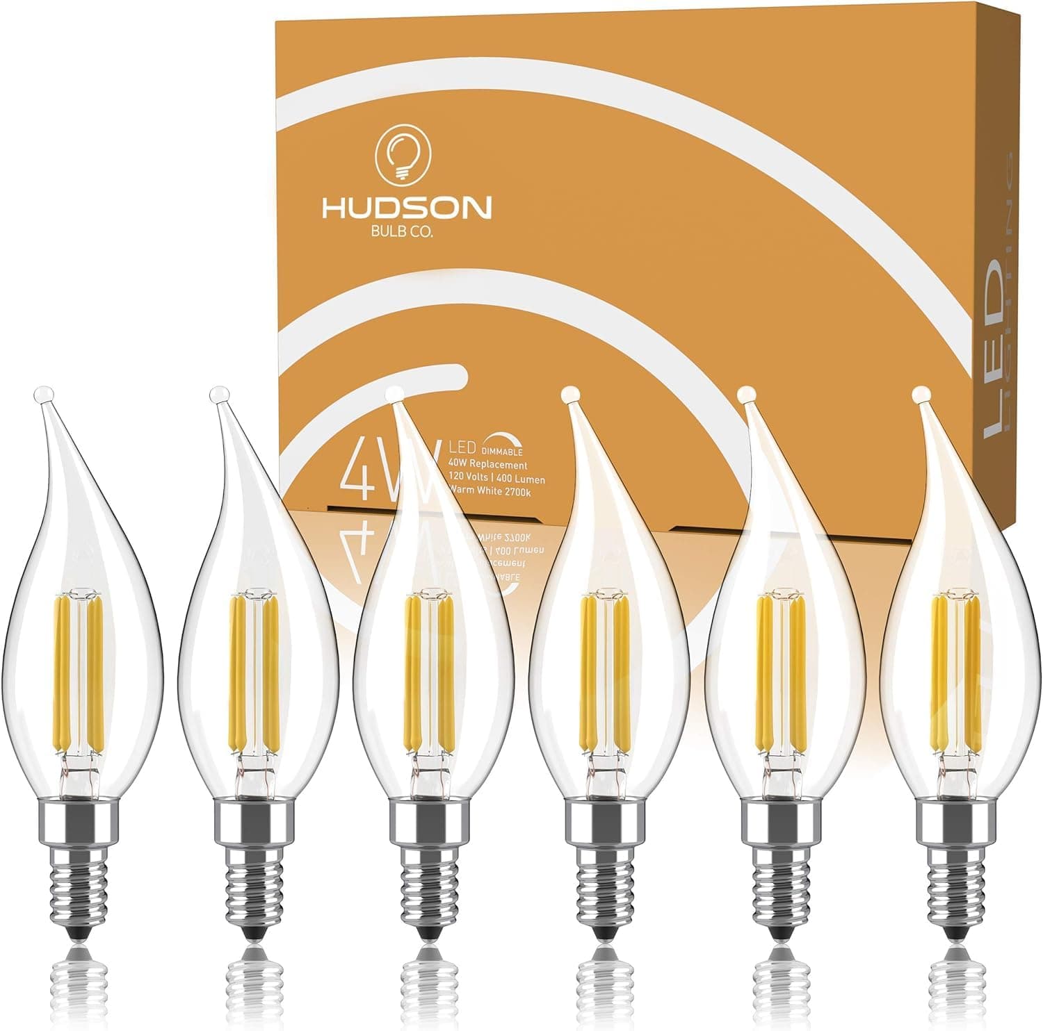 Dimmable E12 LED Candelabra Bulb Set - 4W, 40W Equivalent - 2700K Warm Light Vintage Style Candle Lightbulb for Chandelier, Ceiling Fan, Sconce, Desk Lamp or Porch Lights, Flame Tip (Pack of 6)