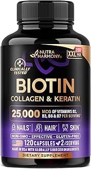 Biotin | Collagen | Hyaluronic Acid | Keratin - Clinically Tested Supplement - Hair Growth Support, Skin & Nails - 25000 mcg Vitamins B2, B3, B6 & B7 + B1 - Made in USA - Women & Men | 120 Capsules