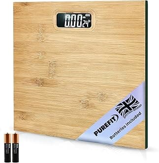 PUREFIT Digital Bathroom Scale for Measuring Body Weight - Bamboo Style Ultra Slim, High Precision, Smart Scale with LED Display - Weighing Scale with Battery Included LB/KG/ST Max Weight 180KG