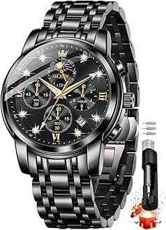 - Chronograph Watches for Men Original Analog Quartz Black Stainless Steel Chain Luxury Dual Time Zone Moon Phase Date Waterproof Men's Wrist Watch