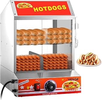 VEVOR Hot Dog Steamer, 27L/28.54Qt, 2-Tier Hut Steamer for 175 Hot Dogs & 40 Buns, Electric Bun Warmer Cooker with Tempered Glass Slide Doors Partition Plate Food Clip PTFE Tape, Stainless Steel