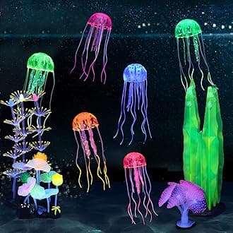 Lpraer 10 Pcs Glow Aquarium Decorations Coral Lotus Leaf Anemone Seaweed Floating Jellyfish Glowing Effect Silicone for Fish Tank Decorations