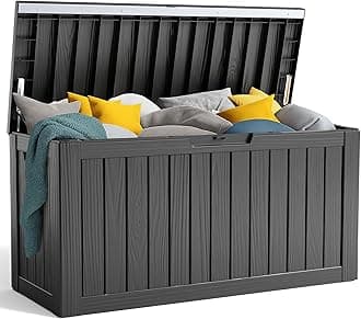 PatioZen 90 Gallon Resin Deck Box, Lockable Patio Outdoor Storage Box for Furniture, Garden Tools and Tools Storage, Waterproof Outside Storage Box - Black
