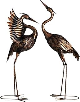 TERESA'S COLLECTIONS Yard Decorations Outdoor Garden Statues, Brass Metal Crane Yard Art, 25-26" Lawn Ornaments for Backyard,Outside Porch,Patio,Heron Decoy Bird Garden Decor,Set of 2,Gifts for Mom