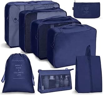 8 Pcs Packing Cubes for Travel, Travel Organizer Bags for Luggage, Suitcase with Toiletry Pouch and Shoe Bag - Set of 8 - Navy Blue, Mesh