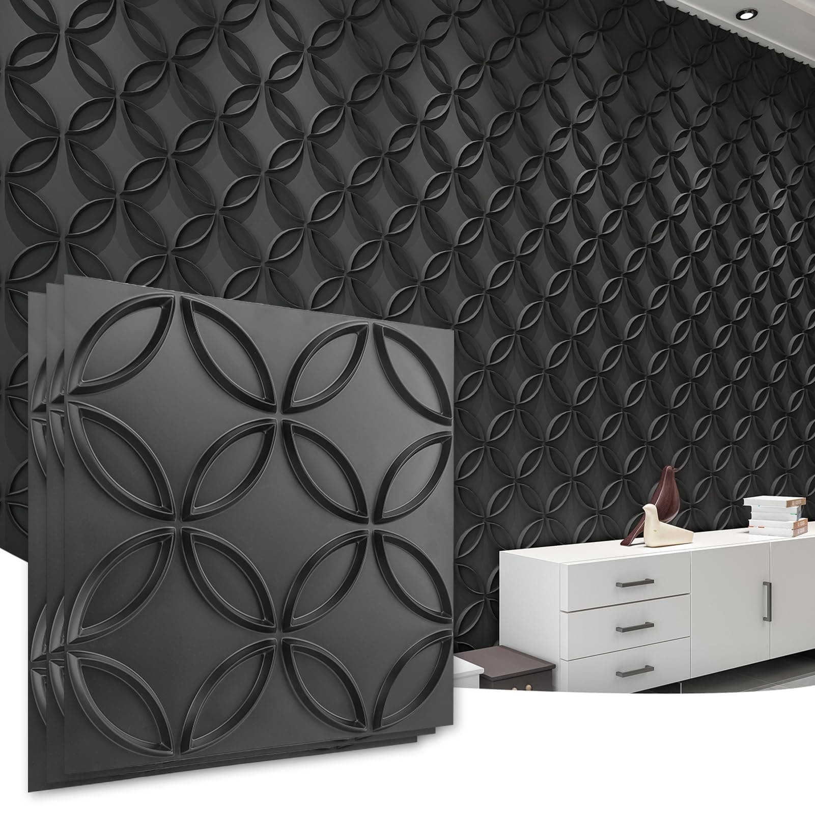 PVC 3D Wall Panel Interlocked Circles in Matt Black Cover 32 Sq.ft, for Interior Ceiling and Wall Decor for Residential or Commerical