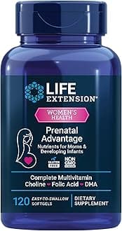 Life Extension Prenatal Advantage, Women’s multivitamin, Baby Support, folic Acid, Choline, omega-3s, Vitamin C, D3, B1, B6, B12, zinc, niacin, Gluten Free, Non-GMO, 120 softgels