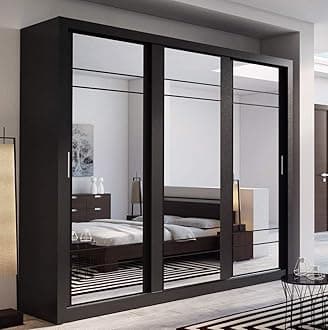 Arthauss Modern Bedroom Mirrored Sliding Door Wardrobe ARTI 2 in Black Matt 250cm - Flat Pack Mirrored Wardrobe with Hanging Rails and Spacious Drawers - Ideal for Compact Spaces