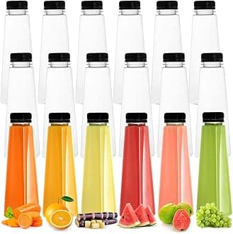 Elsjoy 18 Pack Plastic Juice Bottle, 12 Oz Clear Beverage Bottle with Black Tamper Evident Caps, Reusable Bulk Drink Containers Portable Water Bottle for Juice, Smoothies, Milk, Pyramid Shape