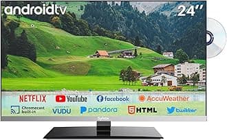 24 inch Smart TV with DVD Player Built in and Satellite Decoder, Google Play, Frameless RV TV 1080P FHD, Support WiFi Bluetooth, HDMI USB, Android 12V TV for Campervans, Motorhomes, Caravans