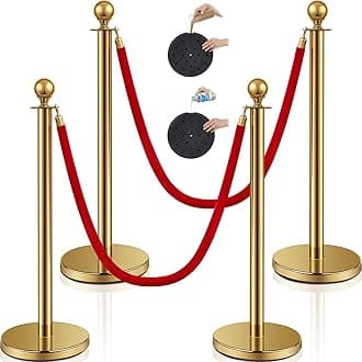 Ferraycle 4 Pcs Stainless Steel Stanchion Post Queue 5 ft Velvet Carpet Ropes and Pole Crowd Control Barriers Grand Opening Casino Theme Party Decorations 360 Photo Booth Accessories (Gold)