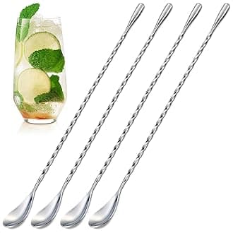 4pcs/set 12 Inches Stainless Steel Bar Bartender Mixing Spoon, COOCANKE Long Spiral Pattern Bar Cocktail Shaker Spoon Barware Stirring Spoon for Ice Cream, Coffee, Milkshakes, Juice, Tea, Drink (4PCS)
