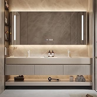 ZGNBSD Double Sink Bathroom Vanity - Solid Wood Bathroom Vanity with Smart Defog Mirror ＆ Light, Floating Double Sink Cabinet with Abundant Storage Space (96IN)