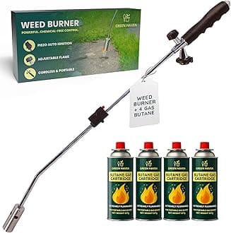 GREEN HAVEN Weed Burner Torch with 4 Butane Gas Canisters – Powerful Weed Wand with Auto-Ignition & Adjustable Flame – Lightweight Garden Weed Burner & Flame Weeder for Patios, Paths & Driveways