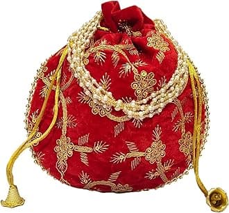 ATHZPotli Bag Velvet Golden work wedding potli for ladies Gift for women handbags traditional Indian Wristlet with Drawstring Ethnic Embroidery Women Fashion Potli (Gold,Red)