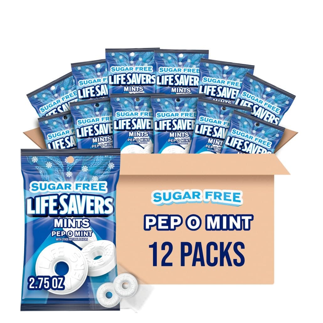 Breath Mints Sugar Free, Pep O Mint Hard Candy Bag for Goodie Bags, Road Trips, School, Work, 2.75 oz (Pack of 12)