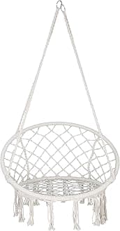 Hammock Chair Macrame Swing, Bohemian Style Round Hanging Chair, Handmade Knitted Cotton Rope Hammock Swing Chair for Indoor/Outdoor Home Bedroom Yard Garden Patio, Max 260Lbs, Beige