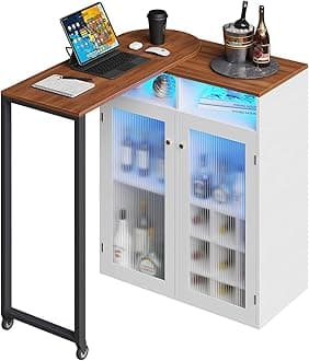 Home Bar Unit with Charging Station & Lights & Storage Mini Corner Bar Table with Wine Rack & Glass Holder 360° Rotating Tall Liquor Table for Living Room Apartment Office, White