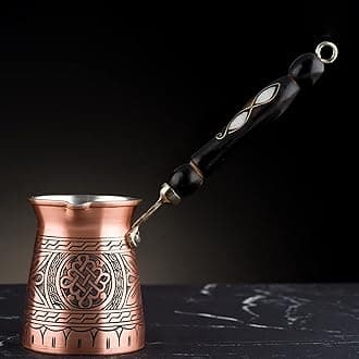 BCS 12 Oz Copper Turkish Greek Arabic Coffee Pot with Wooden Handle (4 servings) Cezve Ibrik Briki Stovetop Coffee Maker with Wooden Spoon