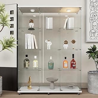 Beauty4U Glass Display Cabinet with LED Lights, Extra Large 3 Columns 2 Doors Curio Cabinets with 12 Shelves for Living Room, Bedroom, Office, White Floor Standing DIY Glass Bookshelf