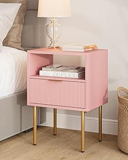 Masupu Night Stand,Mid-Century Modern Bedside Table with Storage Drawer and Open Wood Shelf,Small Gold Frame Side Table for Bedroom,Living Room, Pink