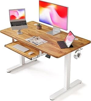 FEZIBO Height Adjustable Electric Standing Desk with Keyboard Tray, 40 x 24 Inches Stand up Table, Sit Stand Home Office Desk with Splice Board, White Frame/Light Rustic Top